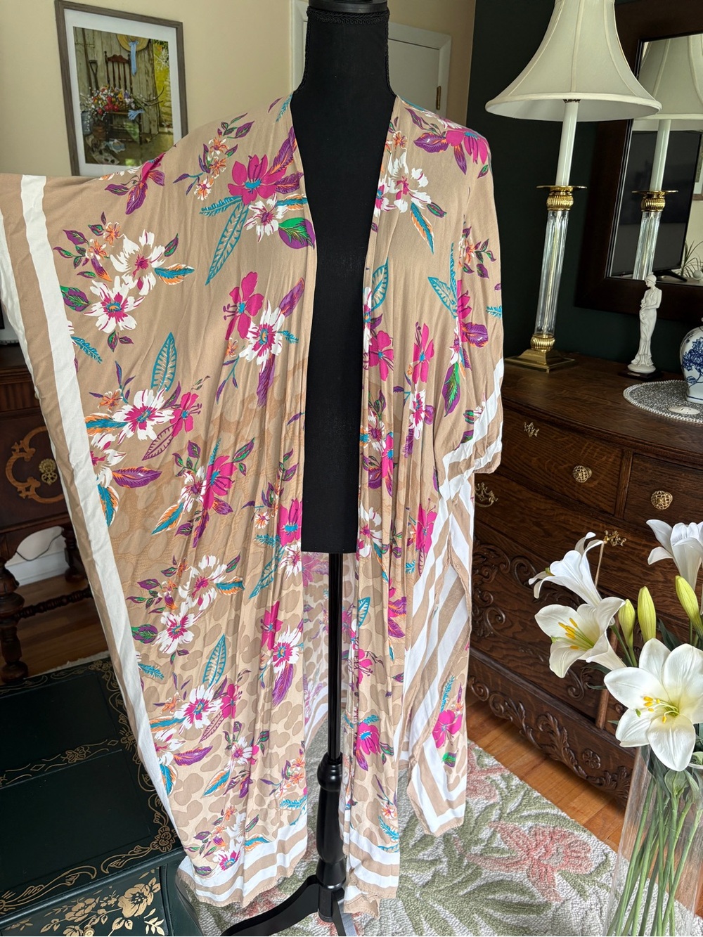 Steve Madden Floral Kimono Cover Up One Size Beige Boho